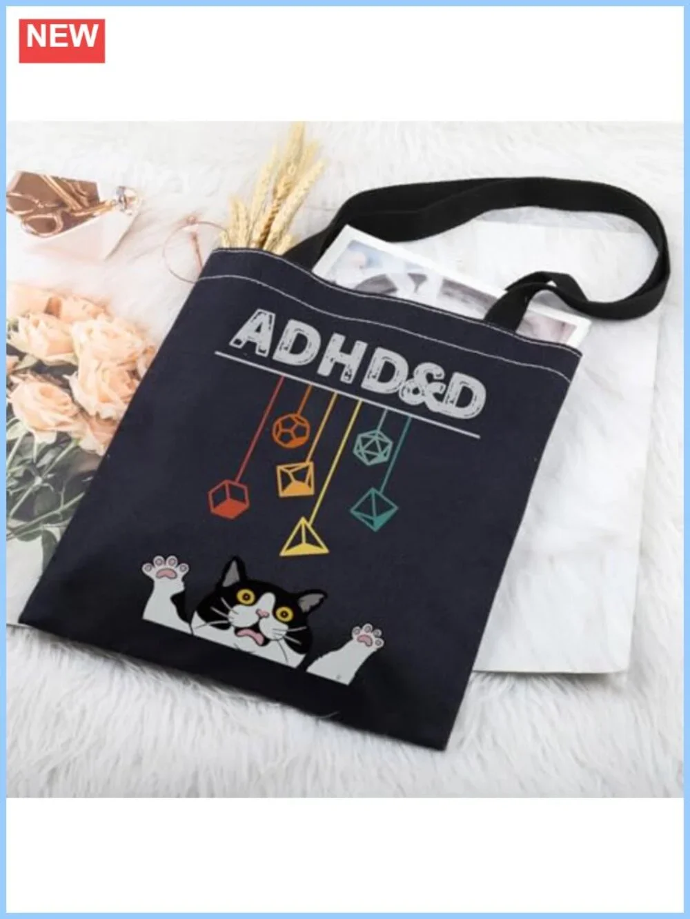 Canvas Tote Bag With Cat RPG Game Design For Women - Extra Large, Durable